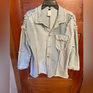 Light Wash Frayed Patchwork Denim Shirt Jacket